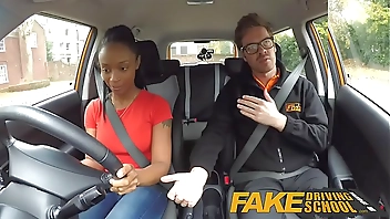 Fake Driving School ebony learner with big tits is worst driver yet